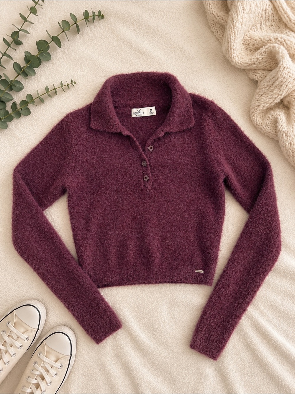 Hollister Fuzzy Eyelash Knit Cropped Sweater, Plum, Medium